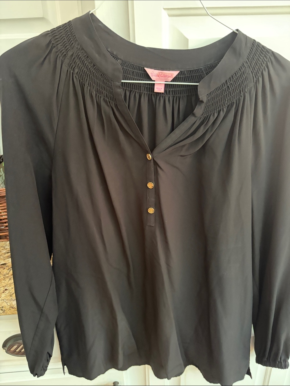 Lilly Pulitzer Black Women's Long-Sleeve Smocked Yoke Blouse